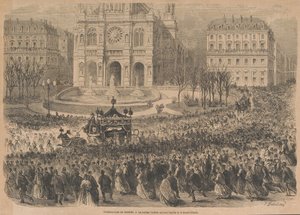 De begrafenis van Gioacchino Rossini. De begrafenisstoet verlaat de kerk door Henri Pierre Léon Pharamond Blanchard