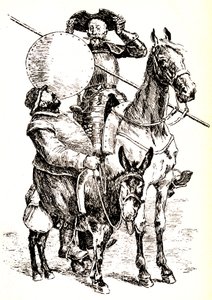 Don Quichotte op zijn paard, naast Sancho op zijn ezel