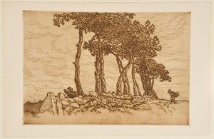 Alte Frau mit einem Bündel nahe einer Baumreihe door Henri Rivière