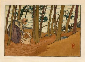 Vrouw die dennennaalden verzamelt (Bords du Trieux, Loguivy) door Henri Rivière