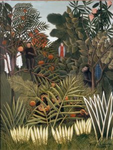 Exotisch landschap met apen en een papegaai