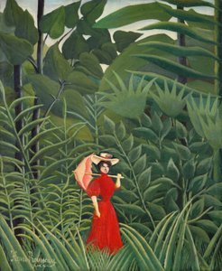 Vrouw in het rood in het bos door Henri Rousseau
