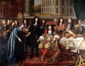 Jean-Baptiste Colbert Presenteert de Leden van de Koninklijke Academie van Wetenschappen aan Lodewijk XIV, detail, ca. 1667