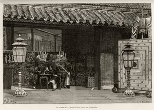 Koning Dong Khanh (1864-1889) Keizer van Annam, thuis in de keizerlijke stad Hue (Vietnam). Gravure door Thiriat, ter illustratie van het verhaal 