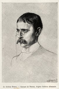 Portret van Dr. Carl Peters (1856-1918) Duitse ontdekkingsreiziger. Gravure door Thiriat ter illustratie van het verhaal 