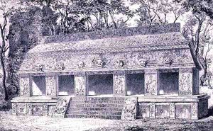Restauratie van de binnenvleugel van het paleis in Palenque, uit De oude steden van de Nieuwe Wereld, door Claude-Joseph-Desire Charnay, uitgegeven 1887