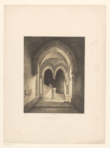 Interieur van een klooster met twee monniken op de achtergrond door Henri de Boug d