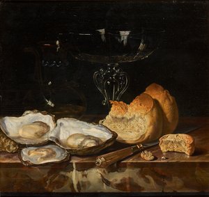 Stilleven met oesters, brood en Venetiaans wijnglas, 1661