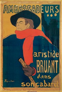 Aristide Bruant, zanger en componist, op een affiche die zijn optreden aankondigt in de elegante nachtclub " Les Ambassadeurs " op de Champs Elysees (litho)