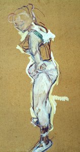Trapezeartiest die haar shirt aanpast door Henri de Toulouse Lautrec