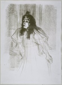 Portret van May Belfort (May Egan) met twee figuren en een piano