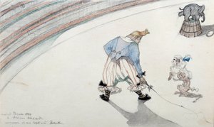 Circusscène: dressuur. Een clown met een geleerde hond en een acrobatische olifant. Tekening door Henri de Toulouse Lautrec