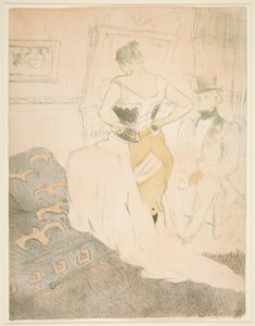 Vrouw die een korset vastmaakt, voorbijgaande verovering, uit de serie Elles door Henri de Toulouse Lautrec