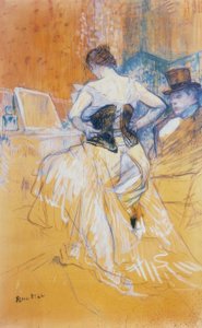 Vrouw die haar korset aandoet, voorbijgaande verovering door Henri de Toulouse Lautrec