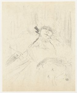 Portret van Yvette Guilbert in fauteuil op toneel door Henri de Toulouse Lautrec
