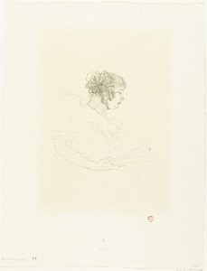 Portret van actrice Luce Myrès met waaier