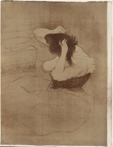 Vrouw die haar haar kamt—La Coiffure, plaat zeven uit Elles door Henri de Toulouse Lautrec