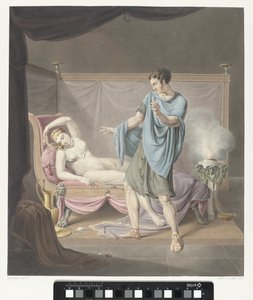 Klassieke voorstelling met staande man bij vrouw op ligbed door Henricus Franciscus Wiertz