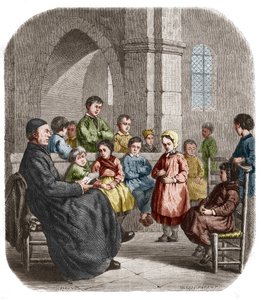 Le cathechisme, gravure uit 1860 naar het schilderij van Henriette Browne (Mme Jules de Saux, alias) (geboren Henriette Sophie de Bouteiller) (1829-1901) door Henriette Browne