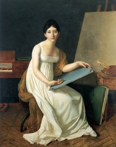 Portret van de kunstenaar, gekleed in een witte jurk en met een schetsboek