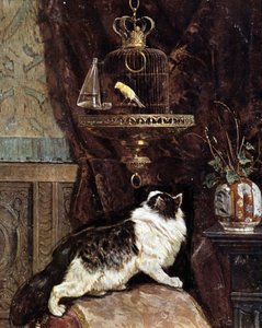 Kat bespiedt een vogel in een kooi - door Henriette Ronner