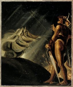 De heksen zweven boven Macbeth en Banquo