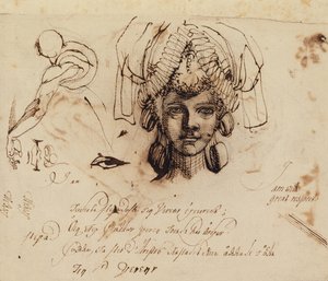 Mevrouw Fuseli met een uitgebreide hoofdtooi en studies van een oog, mond en torso