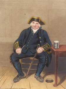 Portret van Greenwich-pensioengerechtigde, zittend met kleipijp en bierpul door Henry (after) Dawe