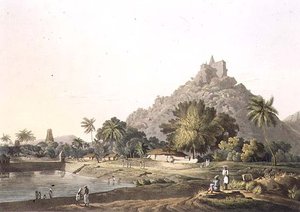 Pagodes in Trinchicunum, plaat XI, gegraveerd door Daniel Havell 1809