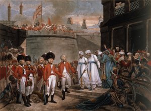 De overgave van twee zonen van Tippoo Sahib (1749-99) als gijzelaars ter vergoeding van de oorlog tegen Groot-Brittannië door Henry (after) Singleton