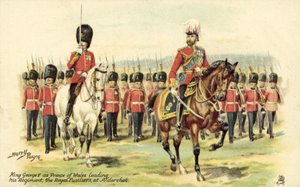 Koning George V als Prins van Wales leidt zijn regiment, de Royal Fusiliers, in Aldershot