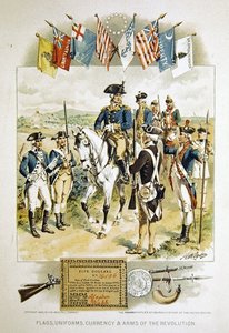 Amerikaanse vlaggen, uniformen, valuta en wapens van de revolutie, illustratie uit de 
