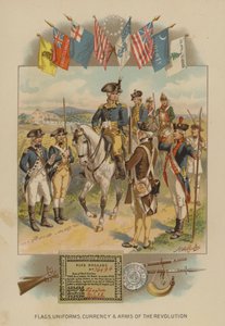 Vlaggen, uniformen, valuta en wapens van de Amerikaanse Revolutie (chromolitho)