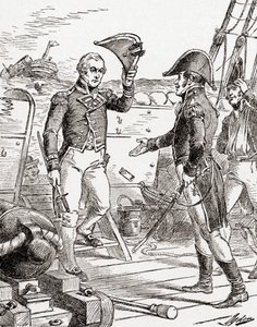 kapitein Dacres van de HMS Guerriere geeft zich over en biedt zijn zwaard aan kapitein Hull aan boord van de USS Constitution na zijn nederlaag tijdens de Oorlog van 1812, uit De Geschiedenis van Ons Land, gepubliceerd 1905