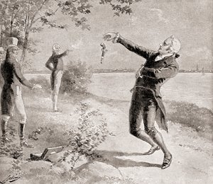 het duel tussen Burr en Hamilton op 11 juli 1804, uit De Geschiedenis van Ons Land, gepubliceerd 1905