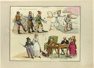 Plaat van illustraties tot populaire liedjes door Henry Alken