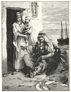 Een visser die zijn netten repareert, Zee van Tiberias door Henry Andrew Harper