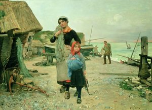 Vissersvolk keert terug met hun netten, Etretat door Henry Bacon