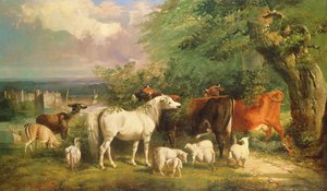 Haddon Hall met Schapen, Vee, een Hert en een Pony door Henry Barraud