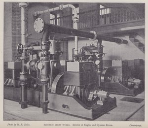Interieur van machine- en dynamokamer, Electric Light Works, Canterbury, Kent door Henry Beauchamp Collis