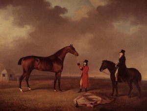 Bruin paard met stalknecht op Newmarket Heath door Henry Bernard Chalon