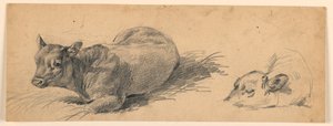 Studie van een Jonge Stier Liggend in een Weide door Henry Bernard Chalon