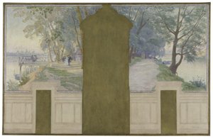 Schets voor de trouwzaal van het stadhuis van Asnières: Landschappen. De Seine met de Saint-Ouen en Courbevoie bruggen, circa 1900 door Henry Bouvet