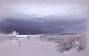 Landschap met rivier en brug: regen komt op