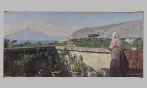 Vrouw op het terras van het Cocumella Hotel. Uitzicht op Vesuvius door Henry Brokman Knudsen