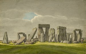 Stonehenge vanuit het Z.O., toont stenen in verwoeste staat met 2 bezoekers, 1824-1839