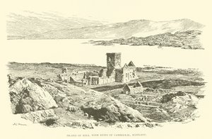 Eiland Iona, met ruïnes van de kathedraal, Schotland (gravure)