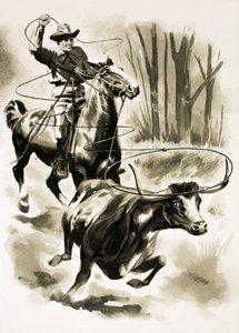 Een cowboy vangt een stier te paard met een lasso door Henry Charles Fox