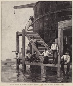 Britse soldaten vissen vanaf een van de forten bij Spithead, Hampshire door Henry Charles Seppings Wright