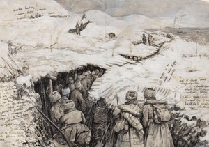 Galicië, Russische troepen in met sneeuw bedekte heuvels, 13 maart 1916 door Henry Charles Seppings Wright